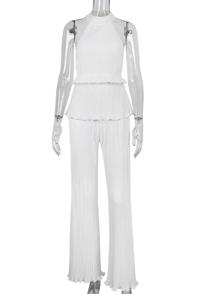 Pleated Halter Tank Top Long Pants Set Women Summer White Sexy Backless Sleeveless Tops Suits Female Elegant Trouser 2 Piece Set 220602