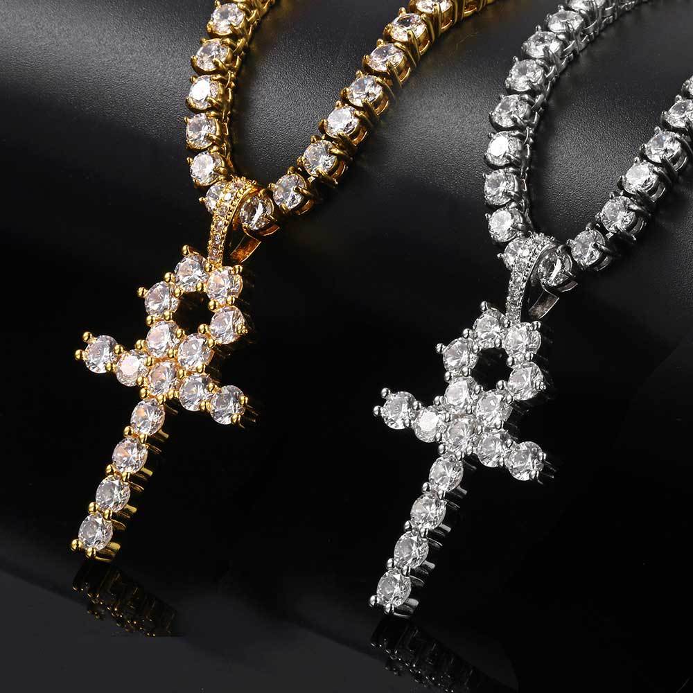 Hip Hop Cross Key Pendant Necklace Jewelry Bling Diamond Stone 18k Real Gold Plated Jewelry