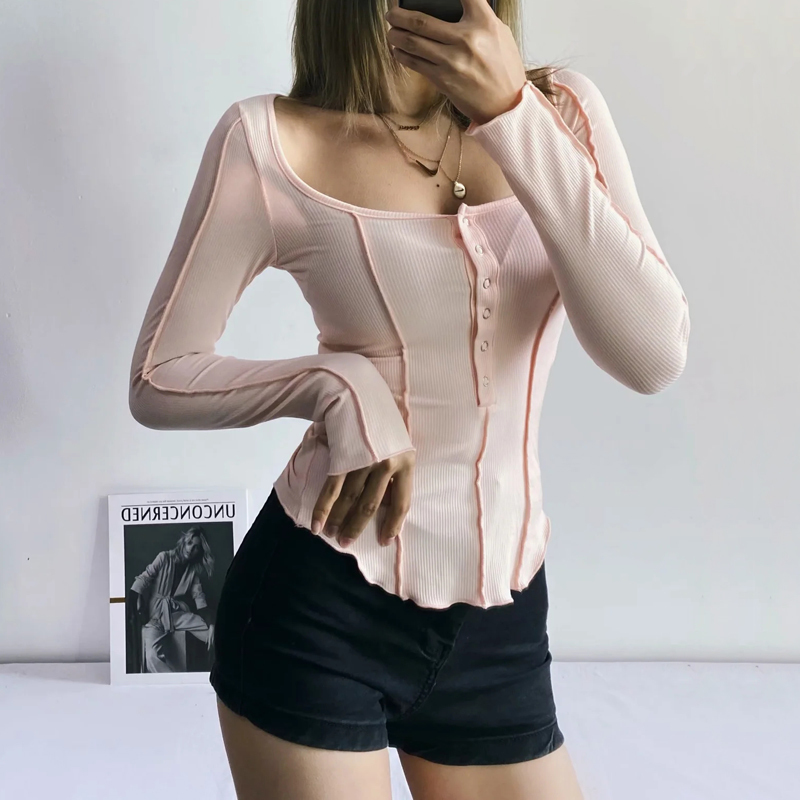 Women Exposed Seams Long Sleeve Top Curved Hem Fitted T-shirt With Button Detail 220328