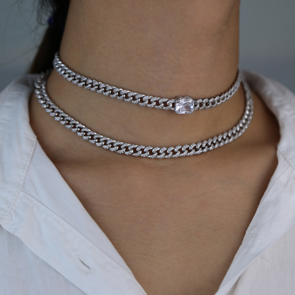 Iced out bling 7mm crystal Miami cuban link chain choker necklace for lady micro pave cz miami chokers women jewelry