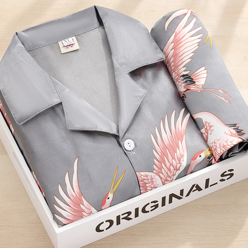 Summer Silk Satin Pajamas Set Woman Printed Long Sleeve Sleepwear Pijamas Suit Female Sleep Two Piece Loungewear Plus Size 220427
