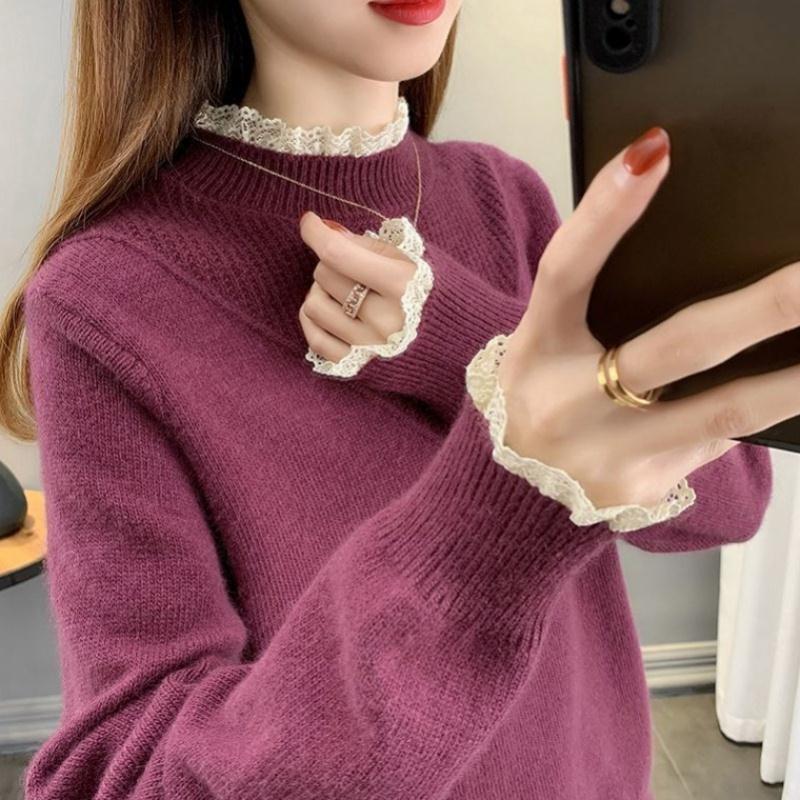 Women's Sweaters Korean Half High Collar Lace Spliced Long Sleeve Sweater Women Knitted Tops Jumper Ladies Loose Short Knitting Pullover Fem, 01
Women's Sweaters Korean Half High Collar Lace Spliced Long Sleeve Sweater Women Knitted Tops Jumper Ladies Loose Short Knitting Pullover Fem, 01