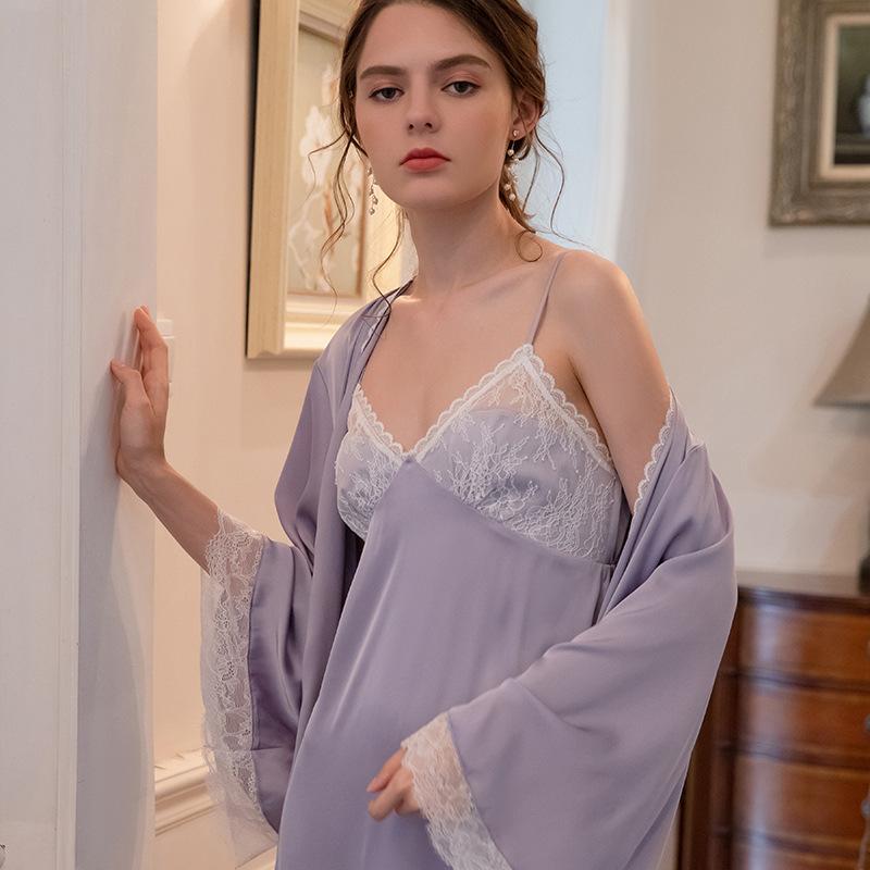 Women' Sleepwear Autumn Women Nightwear Two-piece Lace Stitching Sling Nightdress Long-sleeve V-neck Loose Homewear Nightrobe Sleepshirts, Lavender
Women' Sleepwear Autumn Women Nightwear Two-piece Lace Stitching Sling Nightdress Long-sleeve V-neck Loose Homewear Nightrobe Sleepshirts, Lavender