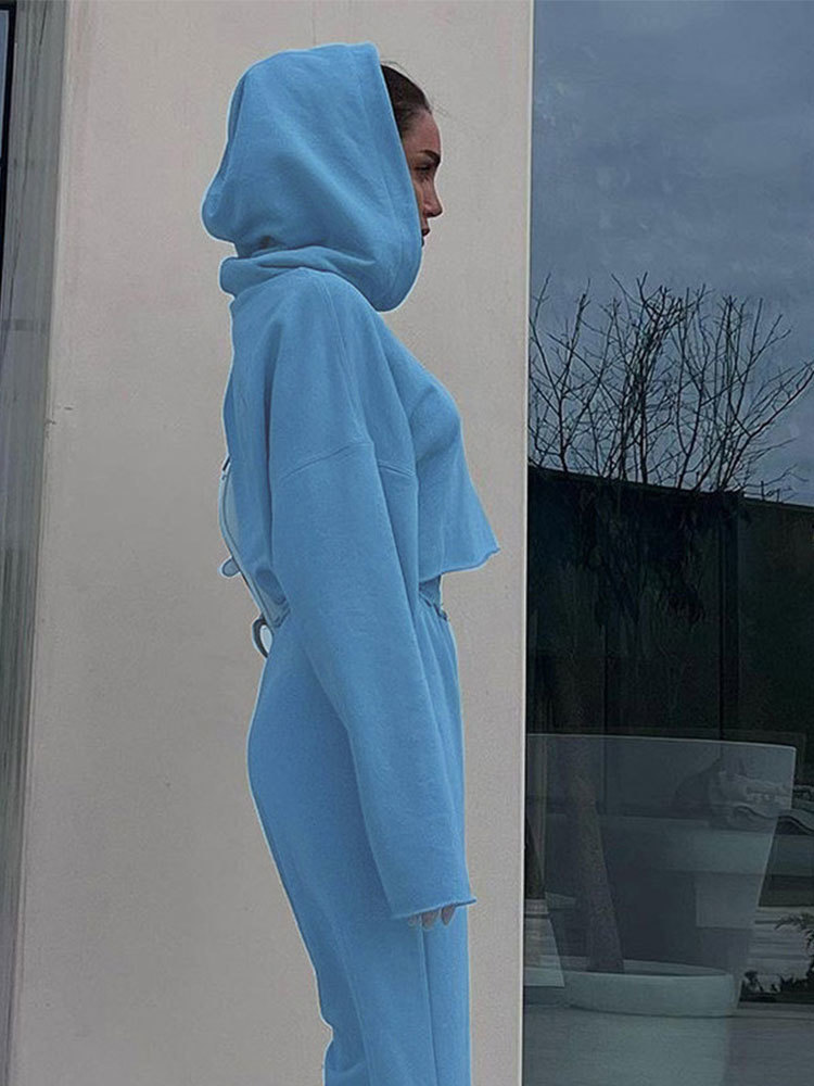 Autumn Women Blue Suits Casual Long Sleeve Sweat Shirt High Waist Slit Trousers Sports Outfits Female Hooded 2 Peice Set 220817