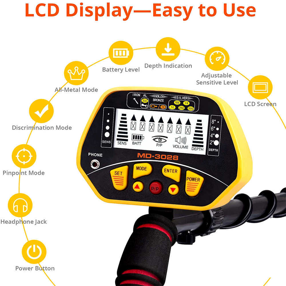 High Sensitivity Metal Detector MD-3028 Outdoor Gold Digger with LCD Display Waterproof Coil Pinpoint Function and Disc Mode