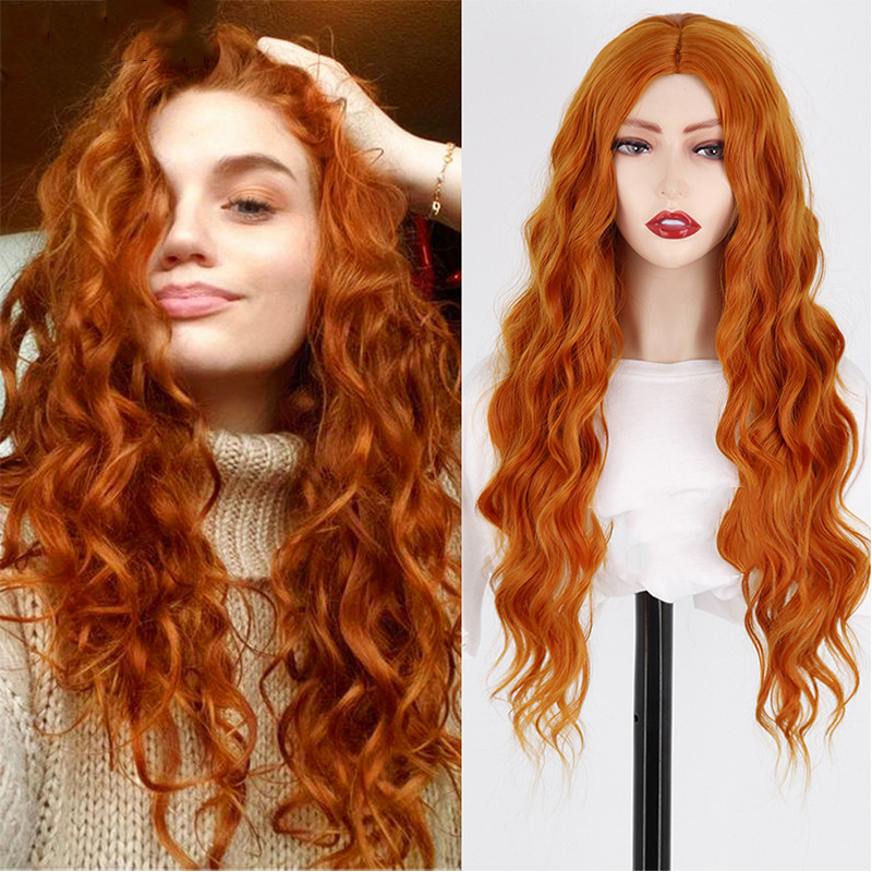 Fashion Orange Synthetic Middle Part Long Natural Wavy Wigs For Women Daily Hair Wigs Heat Resistant Fiber wig