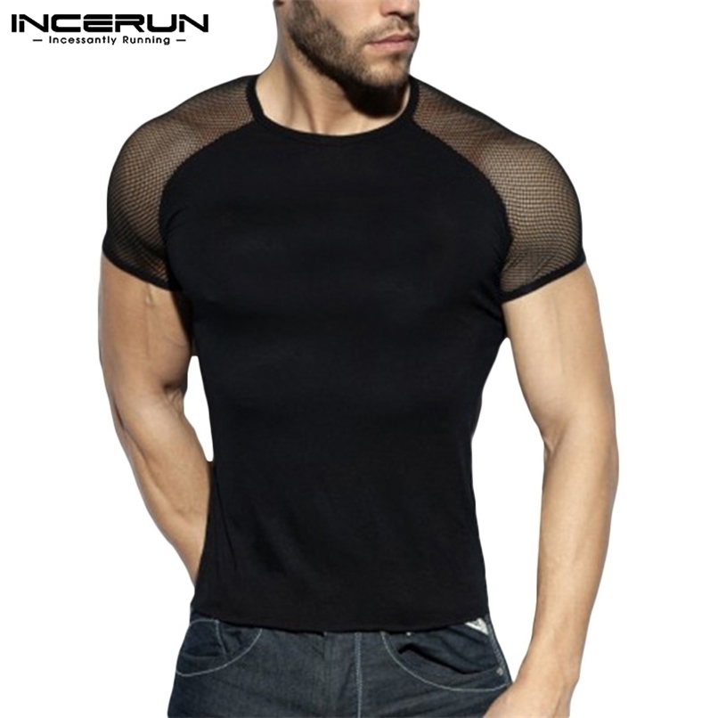 Fashion Men T Shirt Mesh Patchwork Streetwear Crew Neck Short Sleeve Casual Tee Tops Sexy Breathable Camisetas 5XL INCERUN D220611