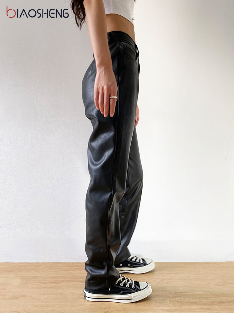 Cargo Pant Black Faux Leather High Waist Pockets Fashion Sexy Straight Trousers Streetwear 220325