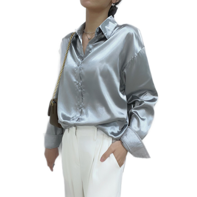 Autumn Fashion Button Up Satin Silk Shirt Vintage Blouse Casual Loose Down Shirts Tops Lady Long Sleeve Female Blusas 220809