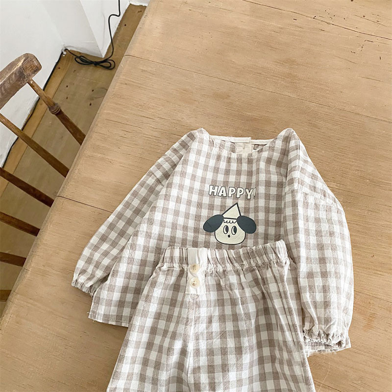 Baby Cotton Linen Clothes Set Plaid Cartoon Casual Tops + Pants 2pcs Baby Set Cute Boy Girls Comfortable Infant Outfits 220509