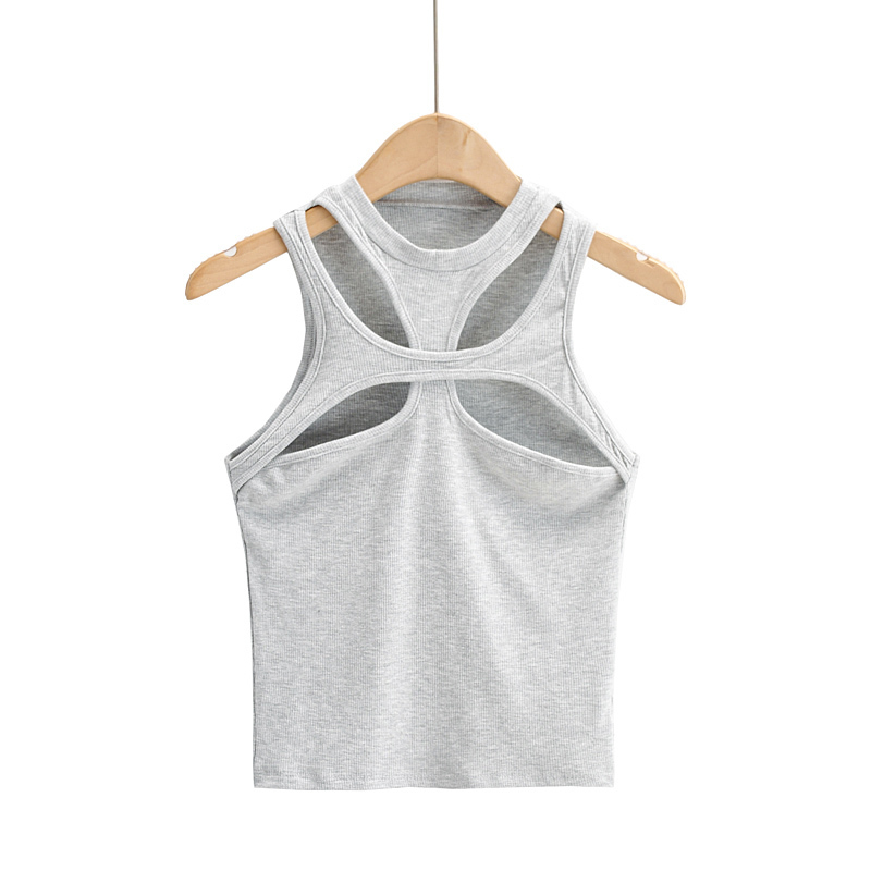 BRADELY MICHELLE Girls Asymmetrical Hollow Solid Color Knitted Round Neck Short-sleeved Summer Sexy Vest on The Chest 220325