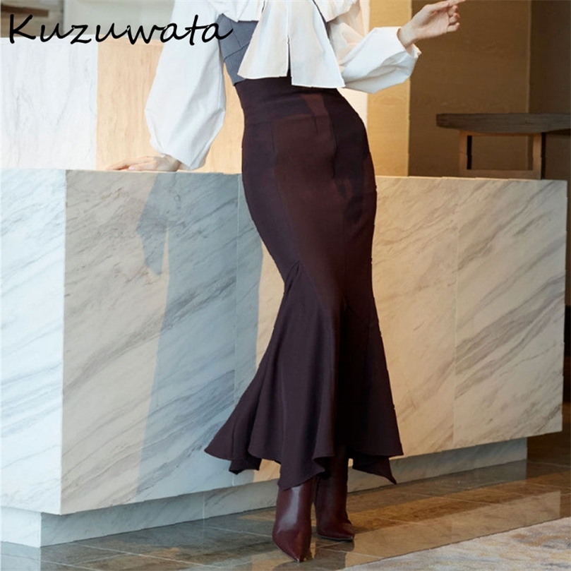 Kuzuwata Autumn Winter Women Jupes Japanese Temperament Faldas Solid High Waist Irregular Folds Slit Mermaid Skirts 220317