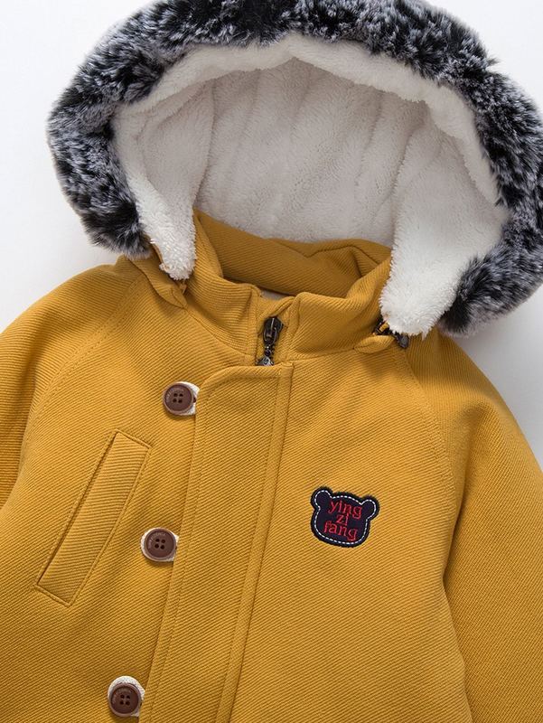 YINGZIFANG Toddler Boys Patch Detail Raglan Sleeve Fuzzy Trim Hooded Winter Coat SHE