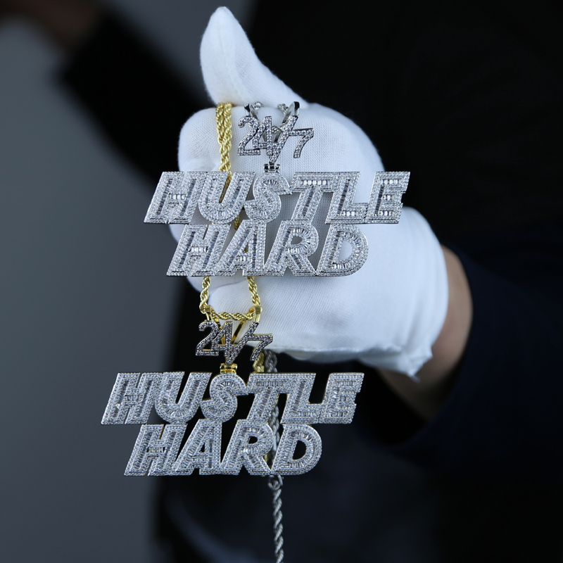Custom Name Necklace Hustle Hard Letter with Rope Chain Iced Out Bling 5A Cubic Zirconia Cz Paved Fashion Hiphop Rock Jewelry