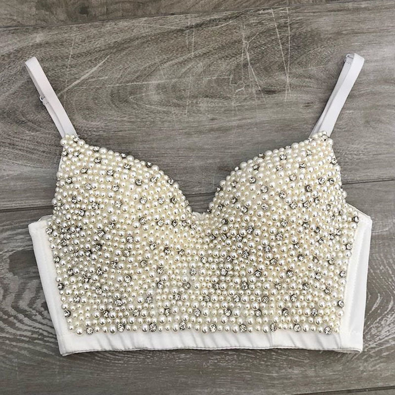 Sexy Top Women Pearl s Crop Push Up Corset Tank Beaded Backless White s 220325