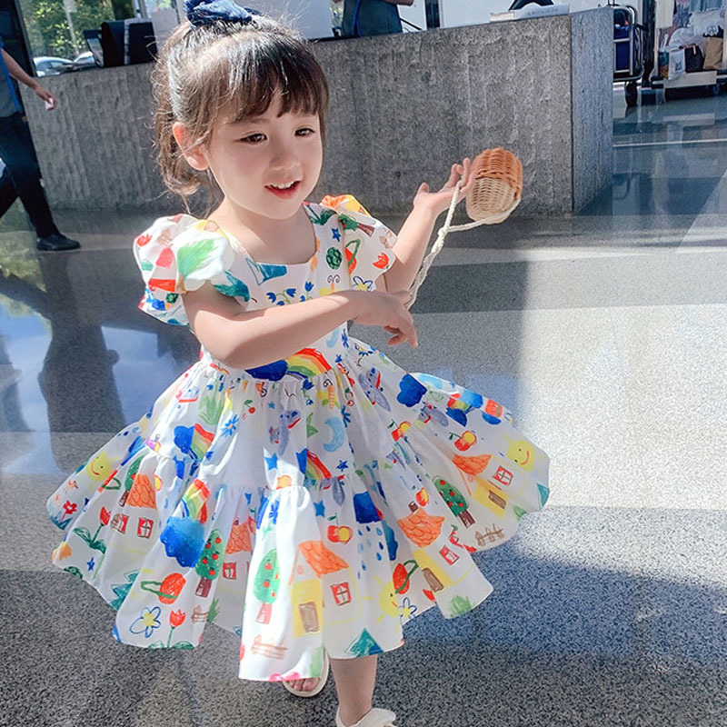 Summer Girls Dress Puff Sleeve Casual Cartoon Party Princess Dress Cute Childrens Wear Baby Kids Girls Clothing 220707