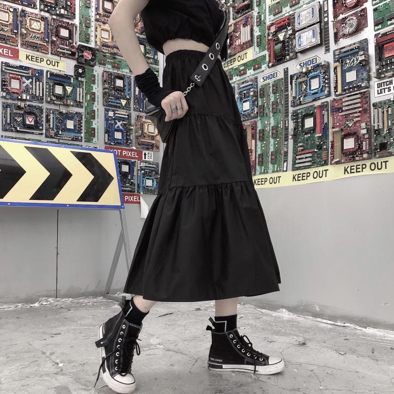 HOUZHOU Gothic Long Skirt Black Goth High Waisted Patchwork Midi Skirt Summer Japanese Style Harajuku Punk Streetwear 220322