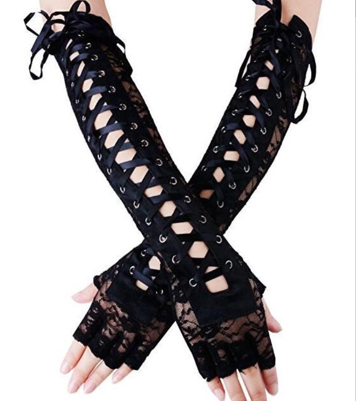 Fingerless Lace Up Long Gloves Costume Accessories Party Black Elbow Glove Steampunk Gloves Stretchy Arm Warmer for Women Girls