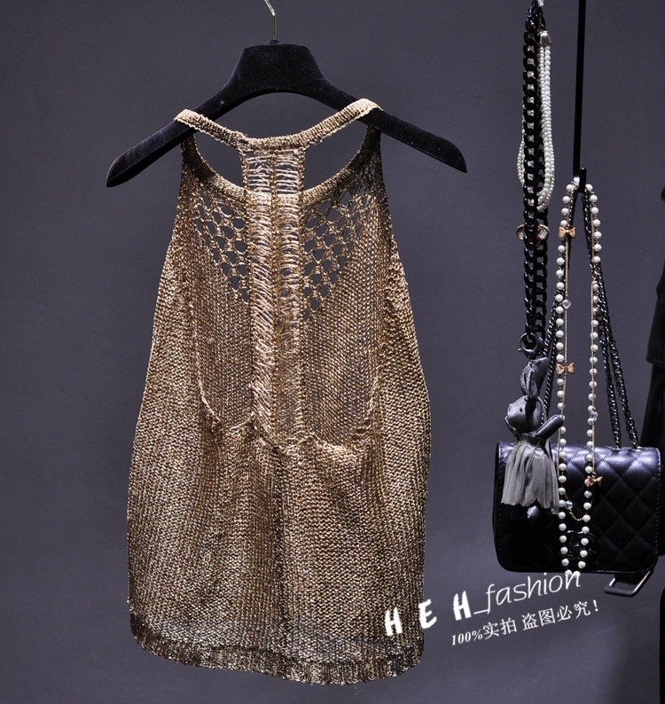 Summer sexy hollow out knitted camis women shiny bling sequined tanks tops sequins gold 220316