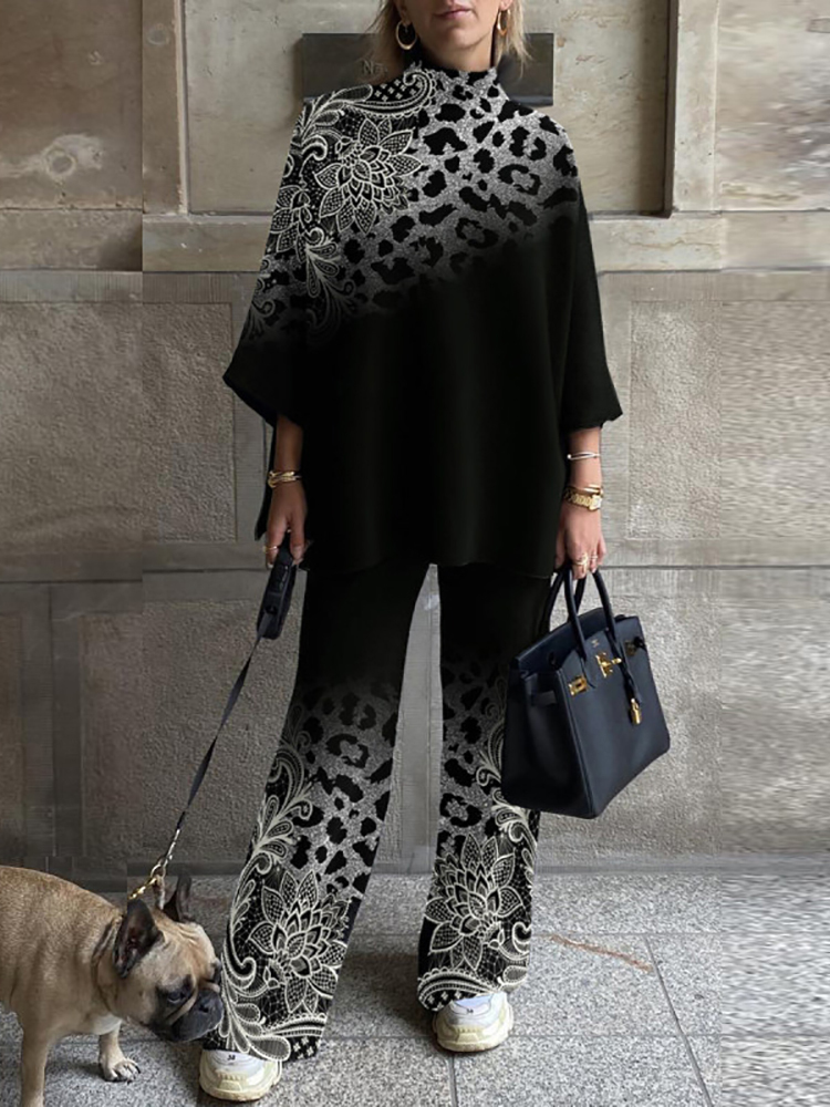 Women Loungewear Long Sleeve Wide Leg Pants Outfit Spring Autumn Turtleneck Loose Print Ladies 2PCS Set Plus Size 4XL Streetwear 220315