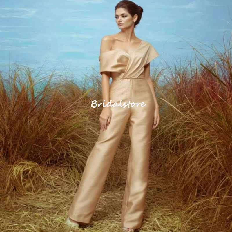 Elegant Gold Evening Dress Jumpsuit Style With Detachable Train Sexy One Shoulder Satin Prom Dresses 2022 Reception Guest Party Gowns Robe De Soirée D