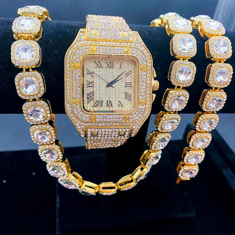 Wristwatches 3PCS Iced Out Watch + Bracelet Necklaces For Men Gold Chains Bling Jewelry Set Women Watches Reloj, Gold zheng 3pcs
Wristwatches 3PCS Iced Out Watch + Bracelet Necklaces For Men Gold Chains Bling Jewelry Set Women Watches Reloj, Gold zheng 3pcs