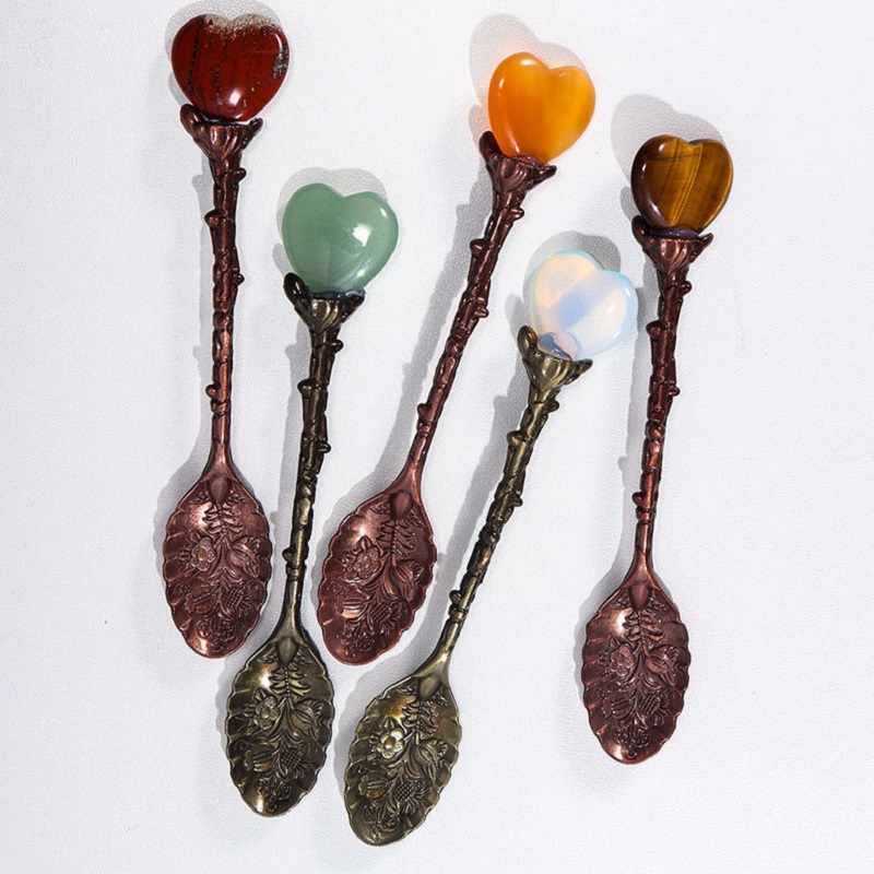 Natural Healing Crystal crafts love heart coffee Spoon Polished Reiki Chakra Gem Long Handle Stirring Small Spoon with white gift box
