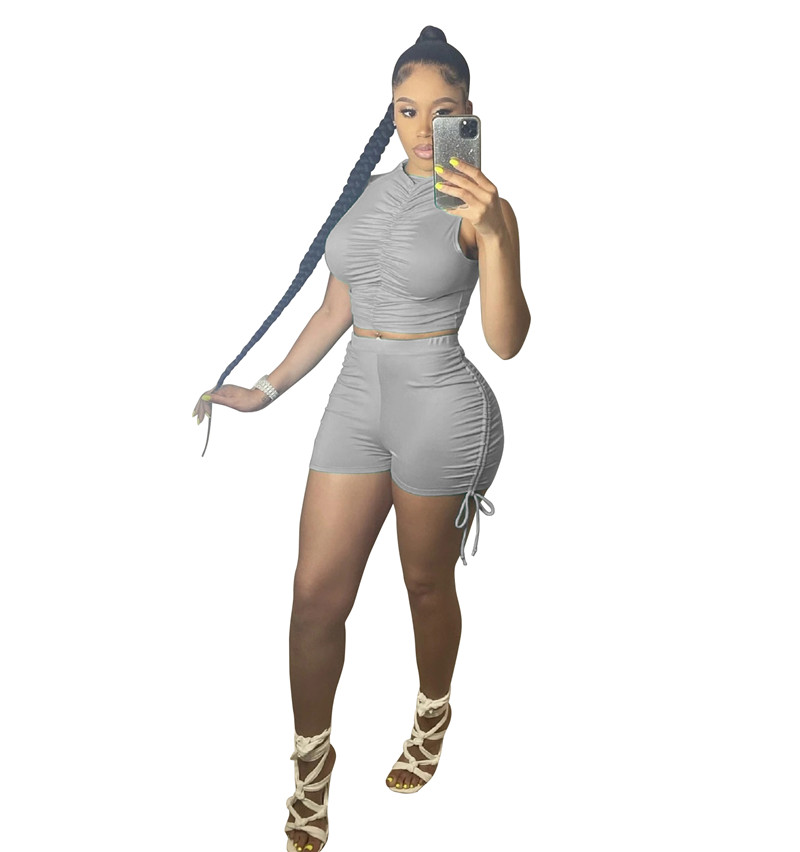 New Wholesale Women Summer Tracksuits Solid Outfits Sleeveless Shirring T Shirt Bandage Shorts Two Piece Set Casual Sports Suits Fitness clothes Bulk 