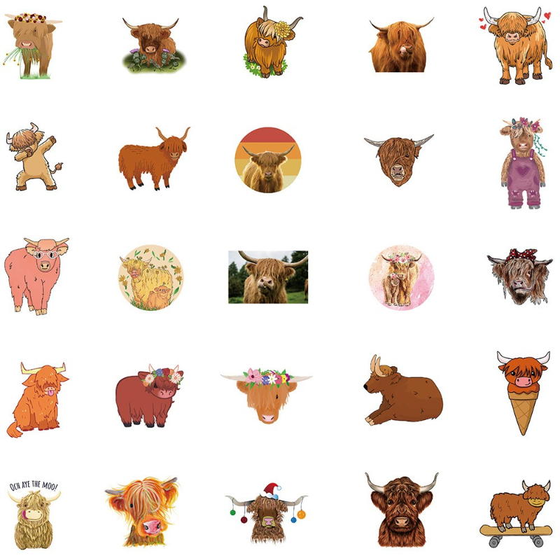 50Pcs/Lot Cute and funny Highland cattle Sticker kyloe Cow Stickers Graffiti Kids Toy Skateboard Phone Laptop Luggage Sticker Decals