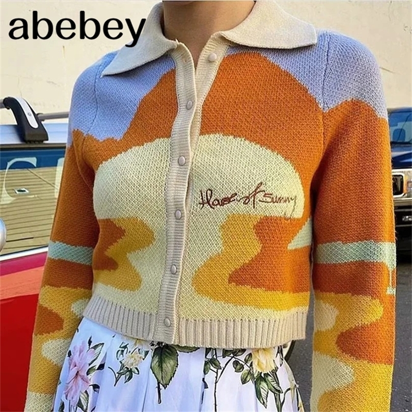 Letter Embroidery Harajuku Knitted Single Breasted Cropped Cardigan Women Autumn Long Sleeve Turn Down Collar Sweater Coat 201224