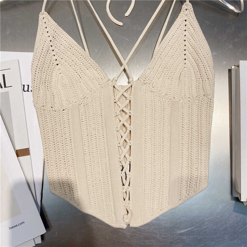 DEAT Women Knitted Bandage V-neck Halter Elasticity Camis Arrivals Sexy Temperament Fashion Spring Summer 11D958 220316