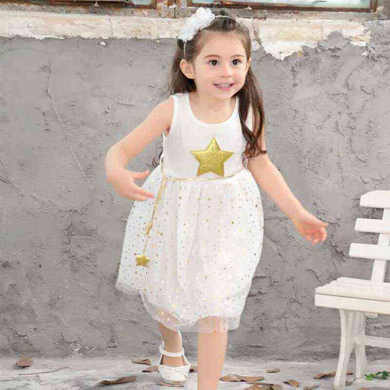 White Black Summer Kids Girl Dresses Gold Star Baby Clothes Casual Cute Lovely Cotton Voile Party Children Tutu Dress for Girls Y220510