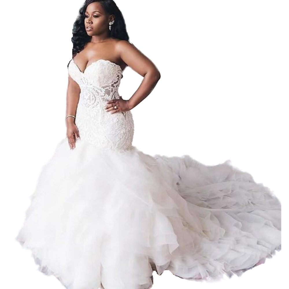 Vintage African Ivory Mermaid Lace Wedding Dresses Bridal Gowns 2022 Sweetheart Strapless Long Plus Size Bride Dress Tiered Train Vestidos