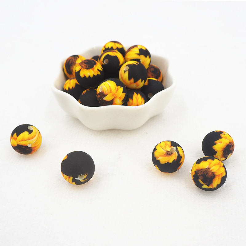 Chenkai 50PCS 15mm Sunflower Print Silicone Beads Baby Round Shaped Beads Teething BPA Free DIY Sensory Chewing Toy Accessories 220328