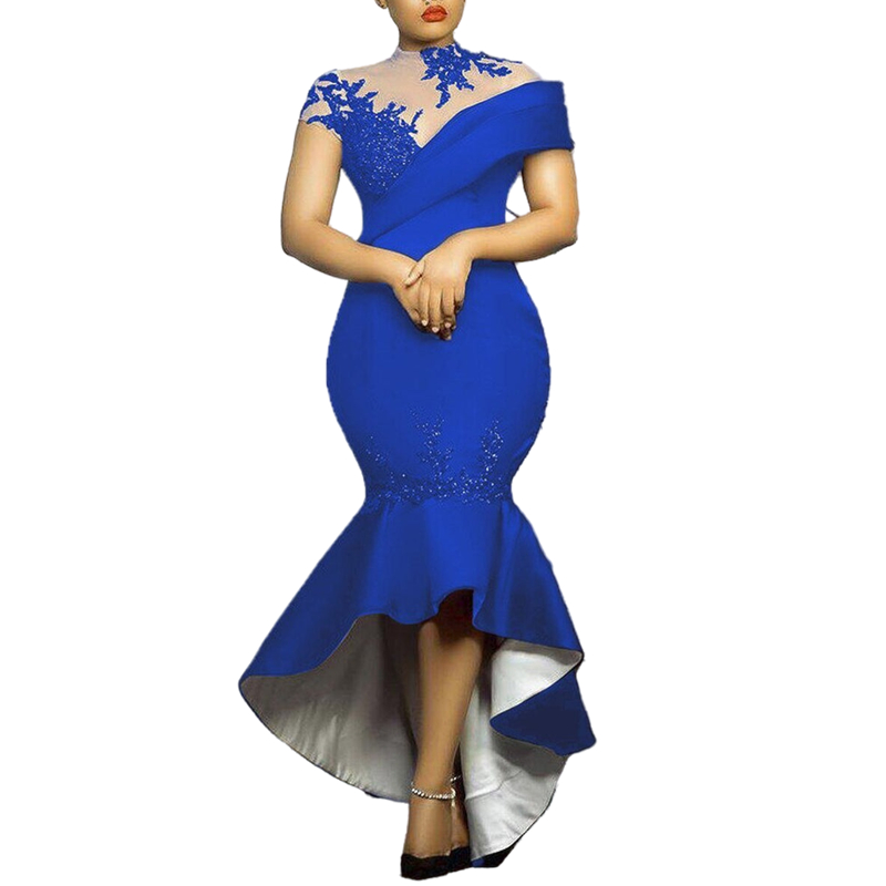 Elegant Royal Blue Mermaid Prom Dresses High Low Fit Special Occasion Dress Cap Sleeves High Neck Evening Gowns Short Front 2022 Robe De Soriee