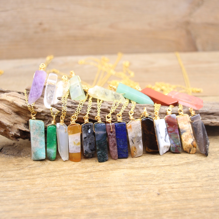 Gold Chains Raw Stone Silce Slab Pendants necklaces Healing Reiki Crystal Amazonite Amethysts Quartz Lapis Gems Necklace Jewelry