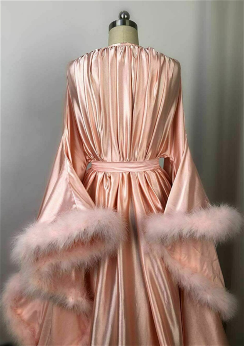 Silk Wedding Bathrobe Women's Feather Bath Gown With Button Long Sleeves Bridal Robe Wedding Nightgown