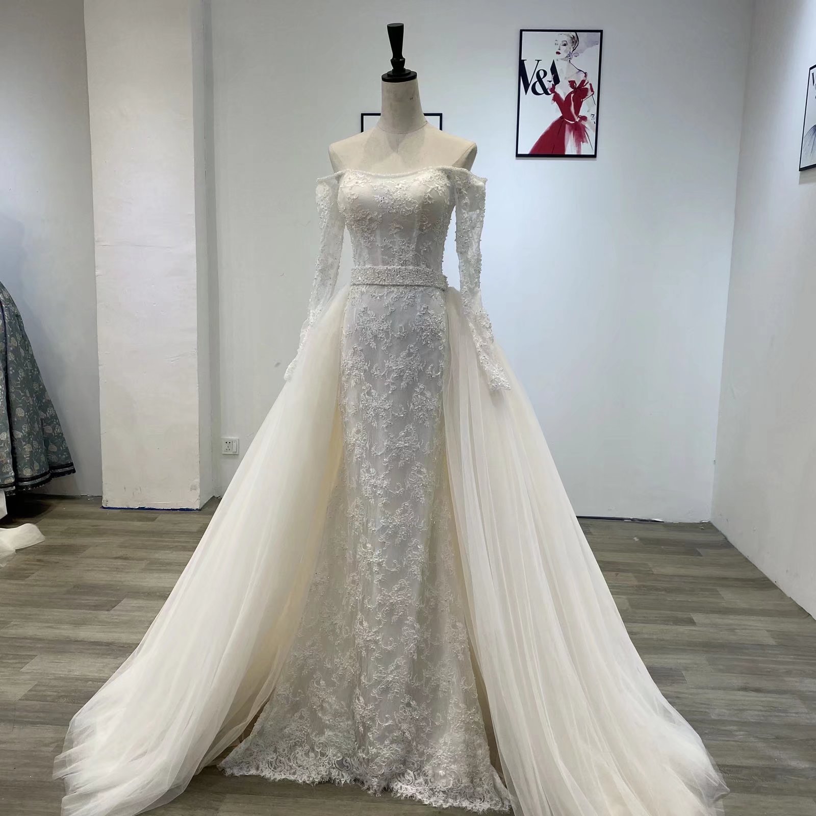 Bateau Elegant Mermaid Wedding Dresses Long Sleeves Off Shoulder Backless Strapless or Length Appliques Detachable Train Custom Made Vestidos De Novia