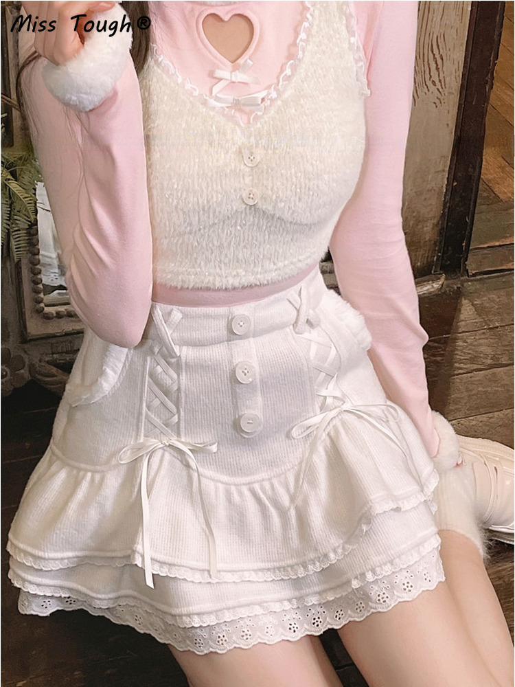 Japanese Sweet Lolita Mini Skirt Women Winter Lace Casual Elegant Kawaii Female High Waist Bandage Korean Y2k 220317
