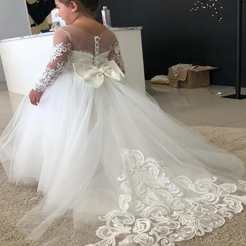 New Flower Girl Dress Brithday Party Wedding Formal Pageant Dress Occasion Princess Tutu Appliqued Lace Bow Kids ceremonial first Holy communion girls