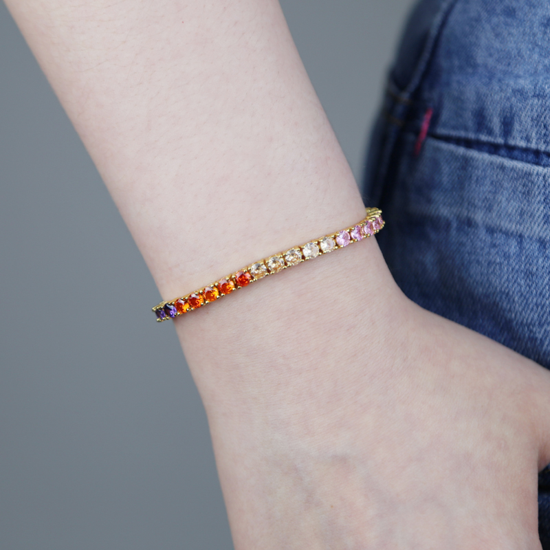 4MM 5A Cubic Zirconia Rainbow CZ Tennis Chain Bracelet Gold Plated Colorful Summer Women Girl Trendy Jewelry