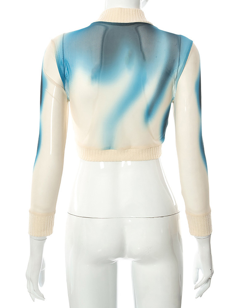 ALLNeon 90s Vintage Streetwear Tie Dye Print Turtleneck Mesh T shirts Y2K Fashion Patchwork Long Sleeve Crop Top 220728