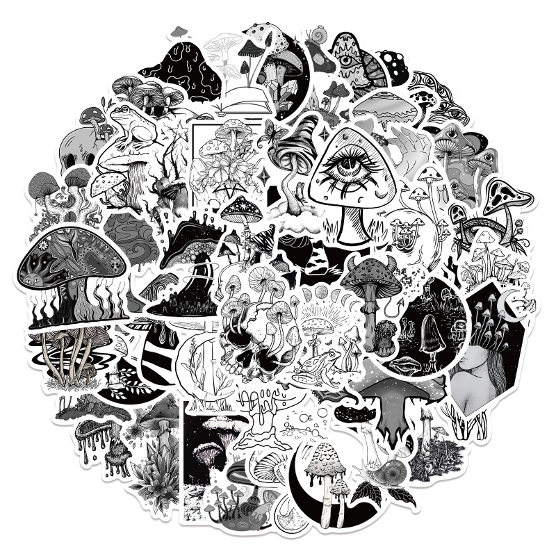 50PCS Gothic Stickers Waterproof Vinyl Stickers Perfect for Laptop Phone Car Skateboard Black White Punk Mushroom Toy Decals