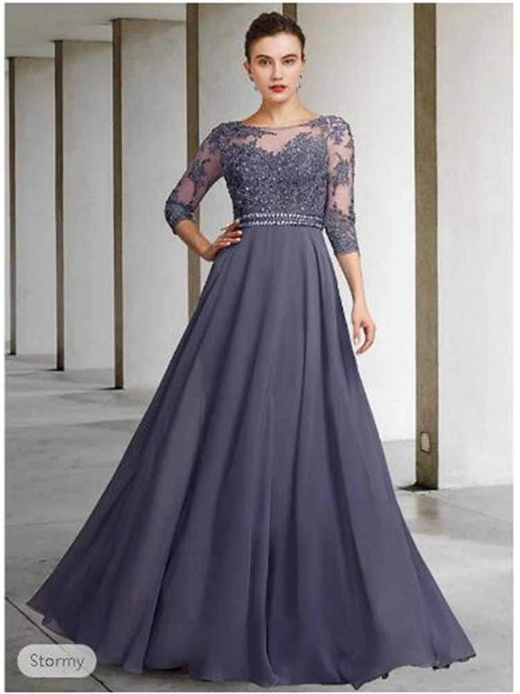 Long Sleeve Lace Mother Of The Bride Dresses Big Size Floor Length Chiffon Formal Lace Applique A Line Wedding Party Dress
