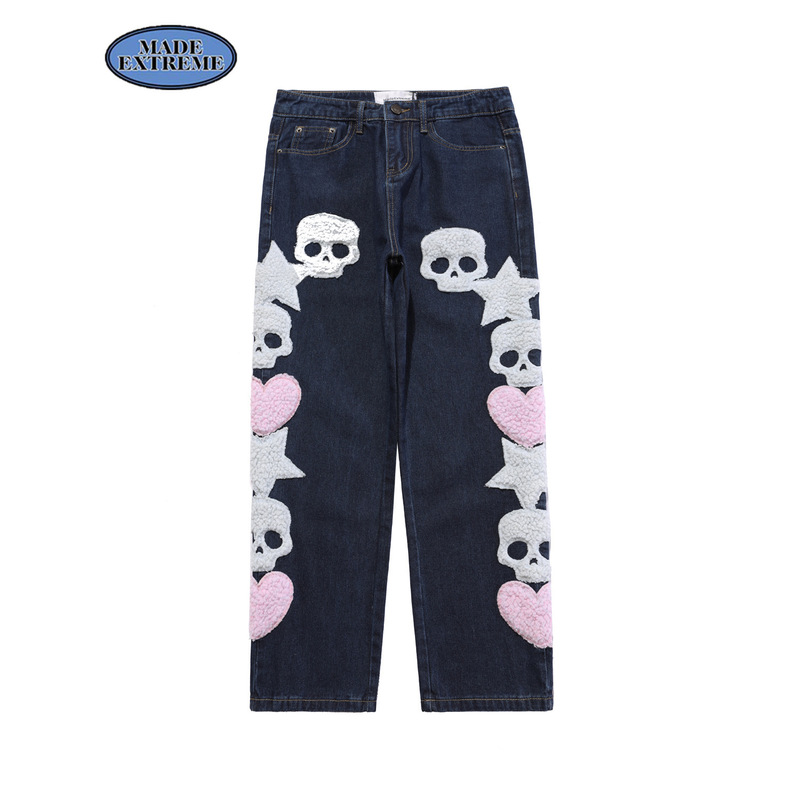 BLACKAIR skulls pattern baggy jeans skeleton embroidery for men hip hop high street cargo black DY815 220328