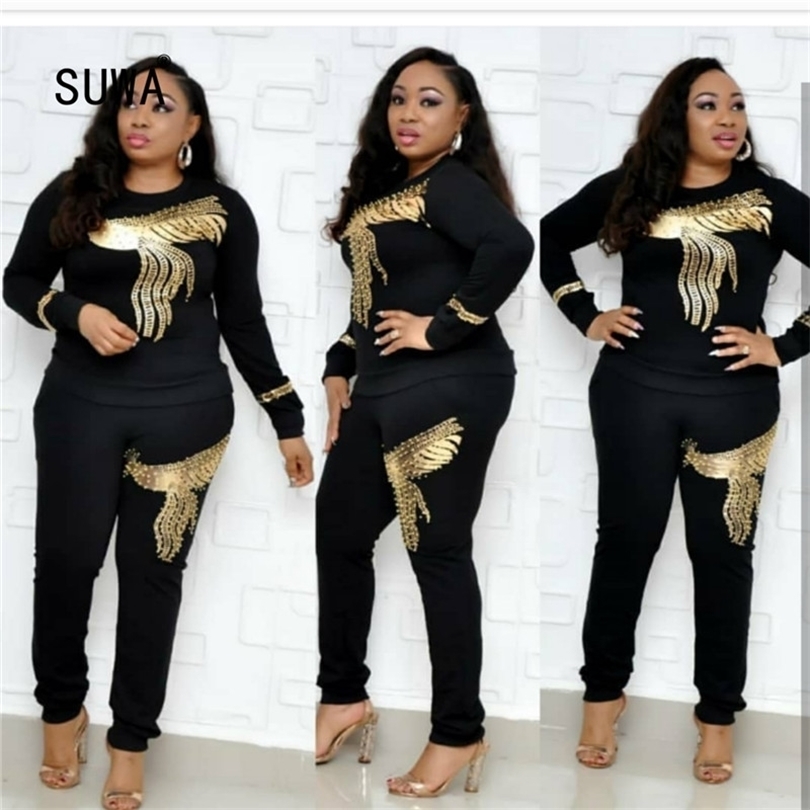 Gold Peacock Sequins Black 2 Piece Set Casual Women O Neck Pullover TShirt Top Elastic Waist Pencil Trousers Femme Tracksuit T200618