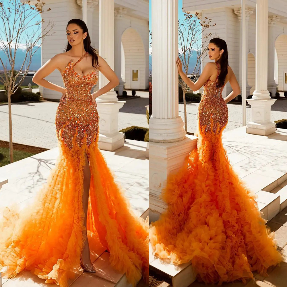 Sexy Orange Sequined Evening Dresses Tiered Ruffles Crystals Party Gowns Beaded Split Sweetheart Women Formal Floor Length Robe De Soriee