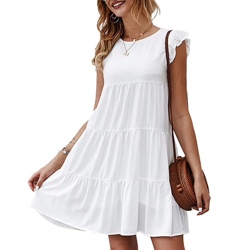 Women Summer Casual Dresses Sleeveless Ruffle Sleeve Round Neck Mini Dress Solid Color Loose Fit Short Flowy Pleated Dress