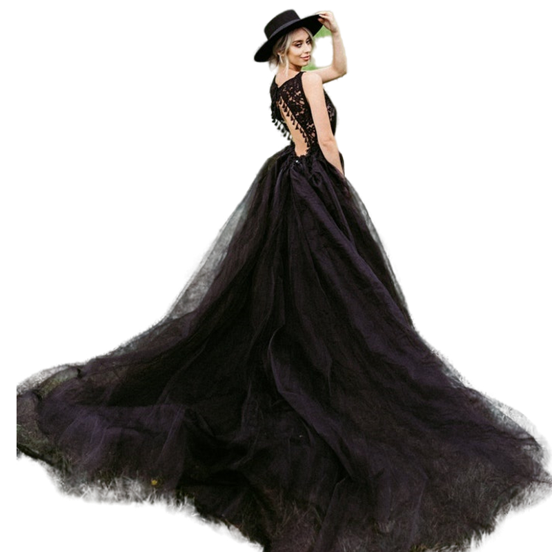 Vintage Black Beach A Line Wedding Dress Sexy Side Split Long Train Bridal Gowns Charming Deep V-neck Open Back Gothic Wedding Dresses Boho Robe De Ma