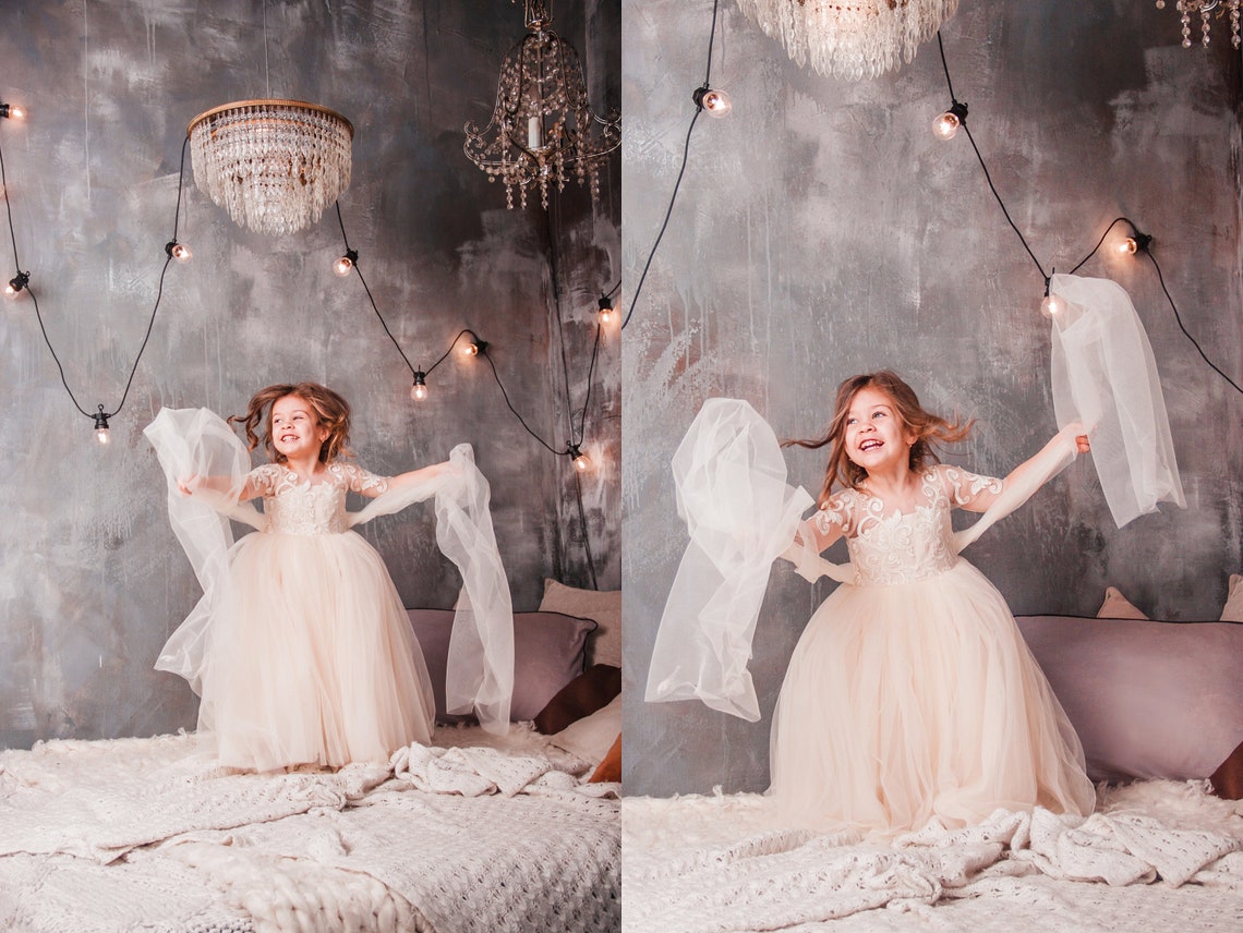 Cute Long Tulle Flower Girls Dresses Lace Applique Half Sleeve Crew Neck First Communion Dress Bridesmaid Girl Wedding Party Gowns A Line Kids Formal 